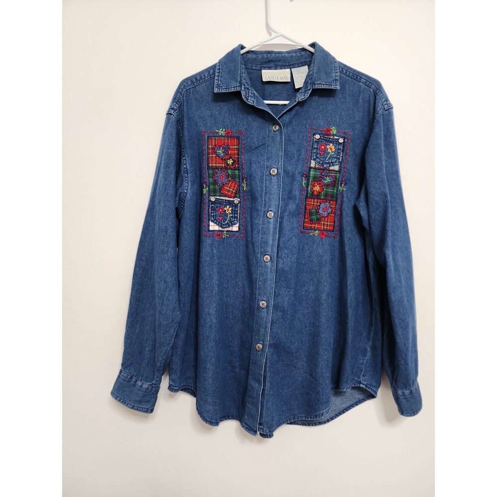 Casey & Max Denim Button Down Shirt Womens Medium Blue Embroidered Cottagecore